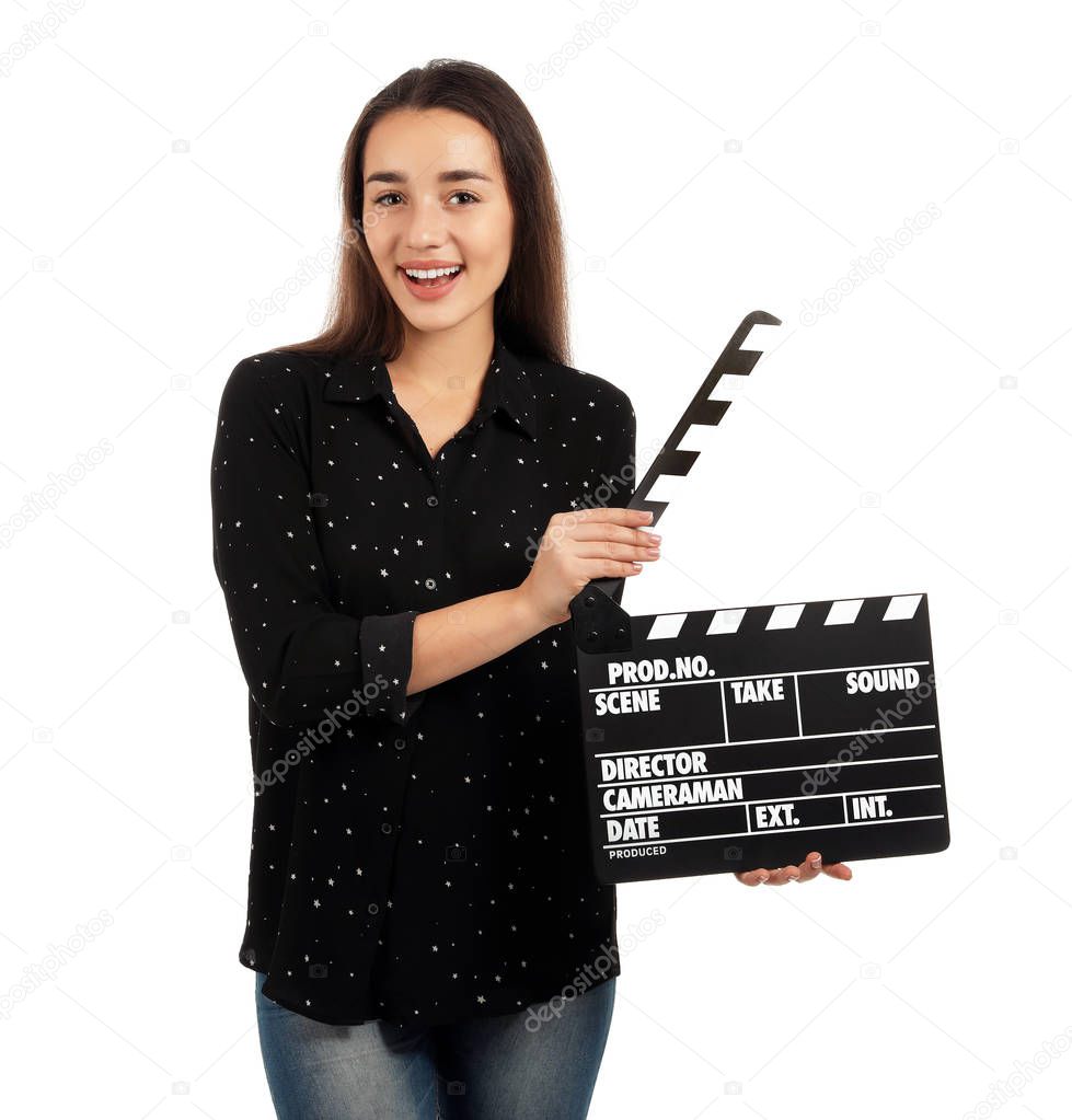 Woman with clapperboard on white background. Cinema show
