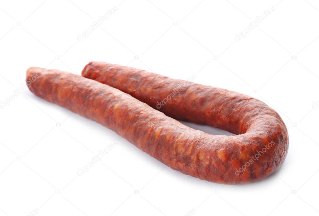 Tasty sausage on white background. Meat product