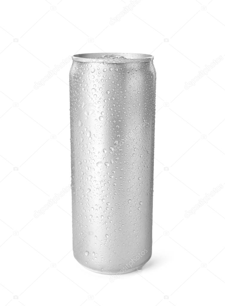 Empty aluminum can with beverage on white background. Mockup for design