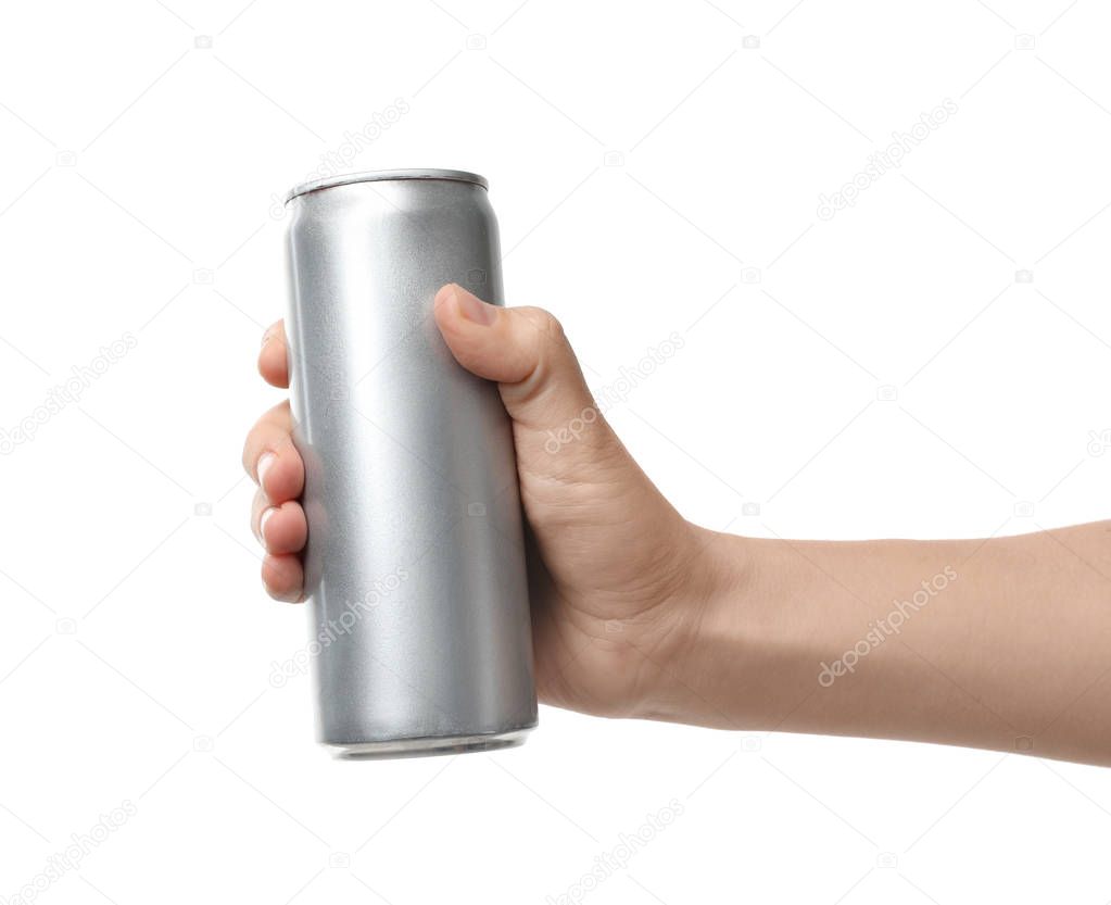 Woman holding aluminum can with beverage on white background, closeup. Mockup for design