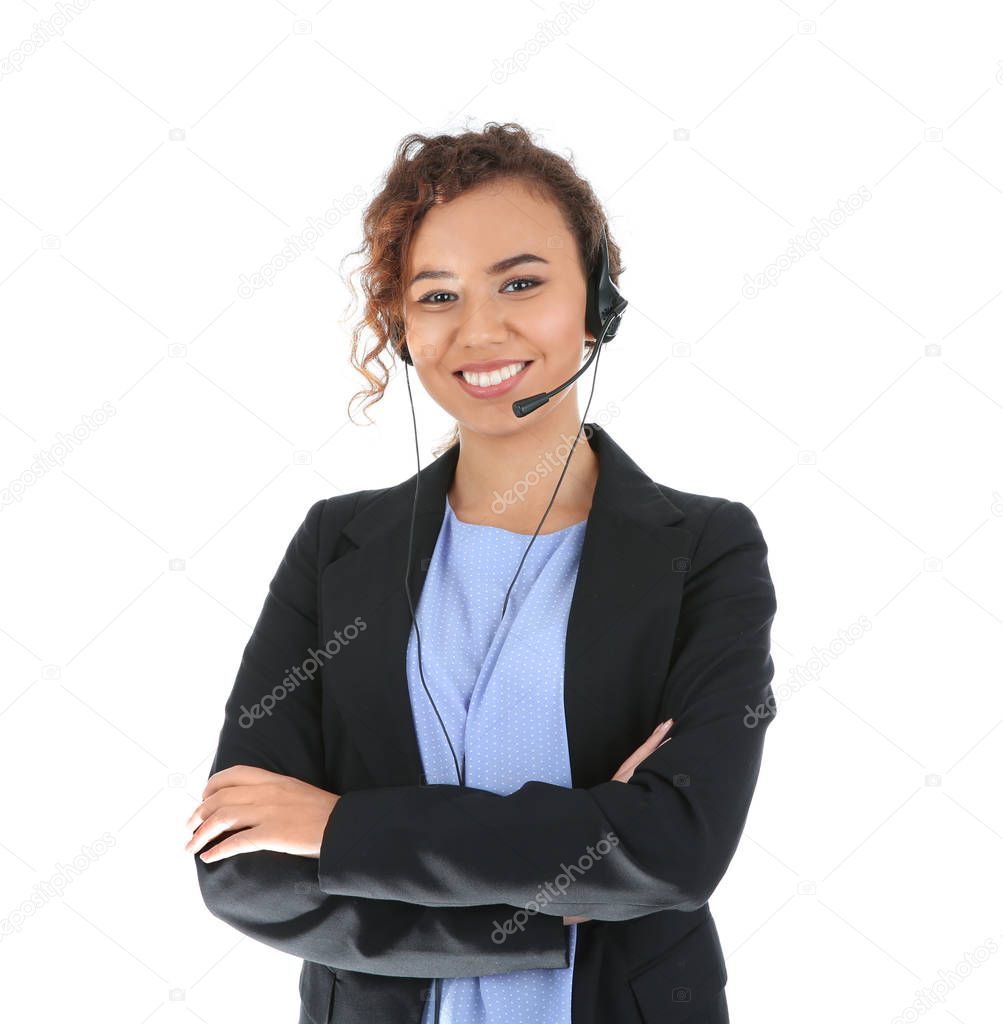 African-American technical support operator with headset isolated on white