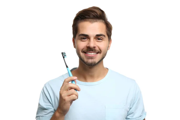 Portrait Young Man Toothbrush Paste Color Background Space Text — Stock Photo, Image