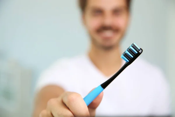 Portrait Young Man Toothbrush Paste Color Background Space Text — Stock Photo, Image