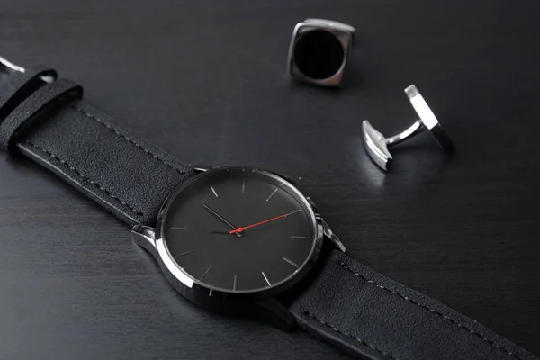 Stylish Wrist Watch Cuff Links Dark Table Fashion Accessory — Stock Photo, Image