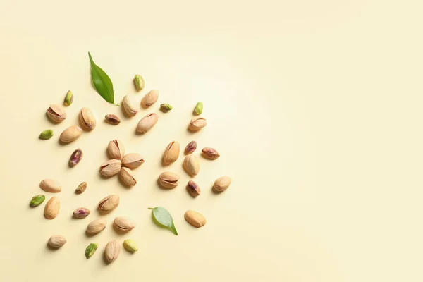 Composition Organic Pistachio Nuts Color Background Flat Lay Space Text — Stock Photo, Image