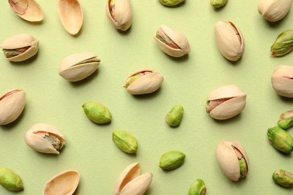 Composition Organic Pistachio Nuts Color Background Flat Lay — Stock Photo, Image