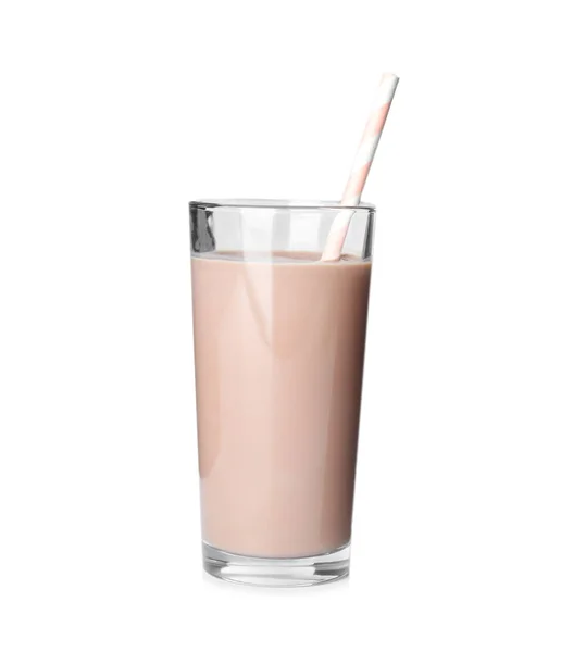 Γυαλί Νόστιμη Σοκολάτα Γάλακτος Άσπρο Φόντο Γαλακτοκομικών Ποτών — Φωτογραφία Αρχείου