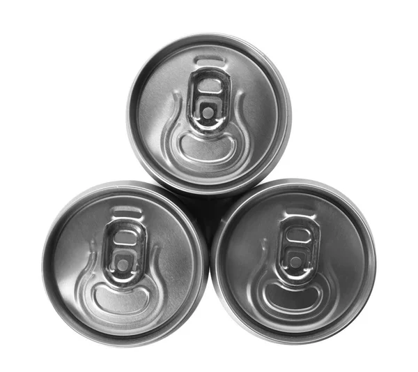 Bovenaanzicht Van Aluminium Blikjes Met Drank Witte Achtergrond — Stockfoto