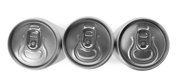 Bovenaanzicht Van Aluminium Blikjes Met Drank Witte Achtergrond — Stockfoto