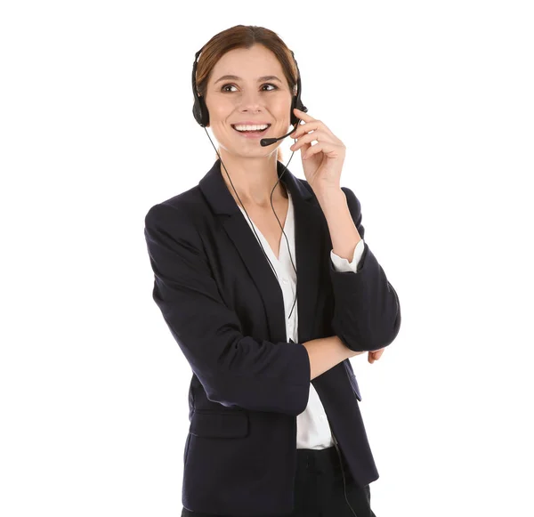 Operadora Suporte Técnico Feminino Com Fone Ouvido Isolado Branco — Fotografia de Stock