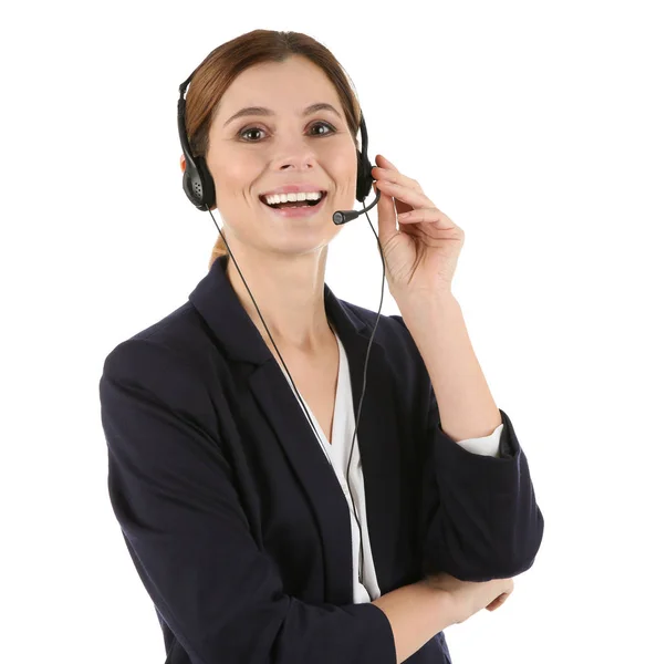 Operadora Soporte Técnico Femenino Con Auriculares Aislados Blanco — Foto de Stock