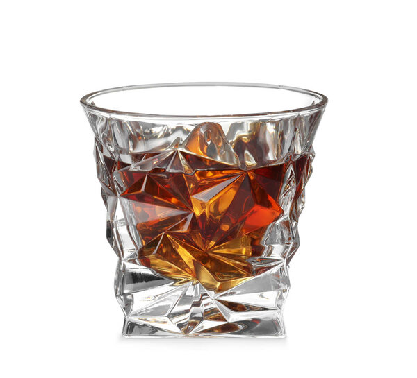Glass of scotch whiskey on white background