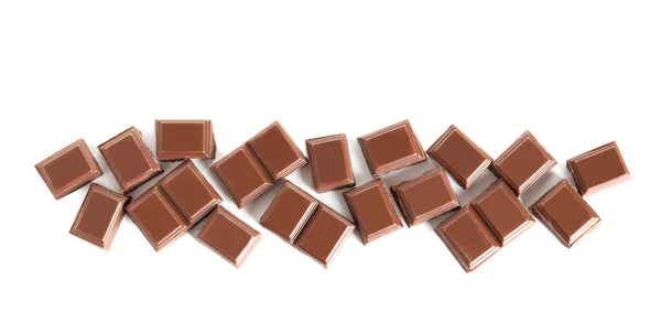 Pedaços Chocolate Com Leite Saboroso Fundo Branco Vista Superior — Fotografia de Stock