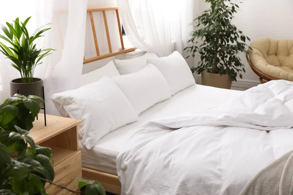 Comfortabele Bedden Met Zachte Kussens Kamer Interieur — Stockfoto