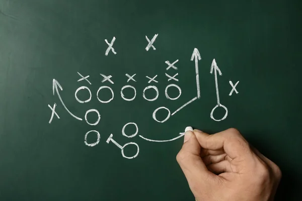 Man Drawing Football Game Scheme Chalkboard Top View — Stock Photo, Image