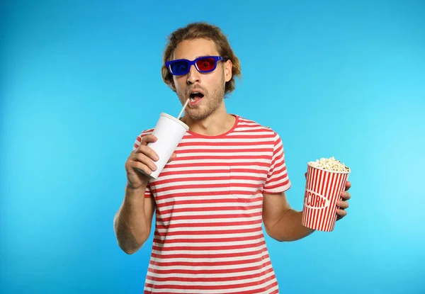 Emotional Man Glasses Popcorn Cinema Show Color Background — Stock Photo, Image