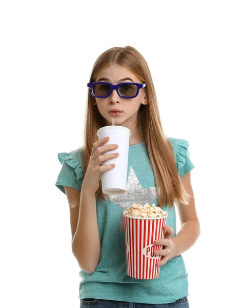 Menina Adolescente Emocional Com Pipoca Durante Show Cinema Fundo Branco — Fotografia de Stock
