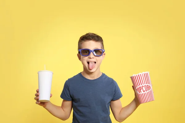 Boy Glasses Popcorn Beverage Cinema Show Color Background — Stock Photo, Image