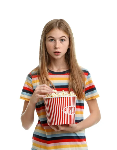 Emotionales Teenager Mädchen Mit Popcorn Während Einer Kinoshow Auf Weißem — Stockfoto