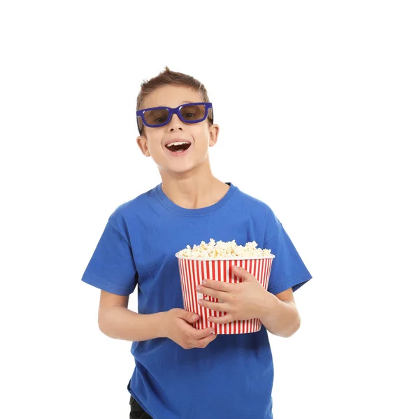 Jongen Met Bril Popcorn Tijdens Cinema Show Witte Achtergrond — Stockfoto