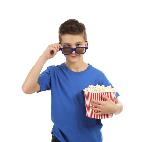 Jongen Met Bril Popcorn Tijdens Cinema Show Witte Achtergrond — Stockfoto