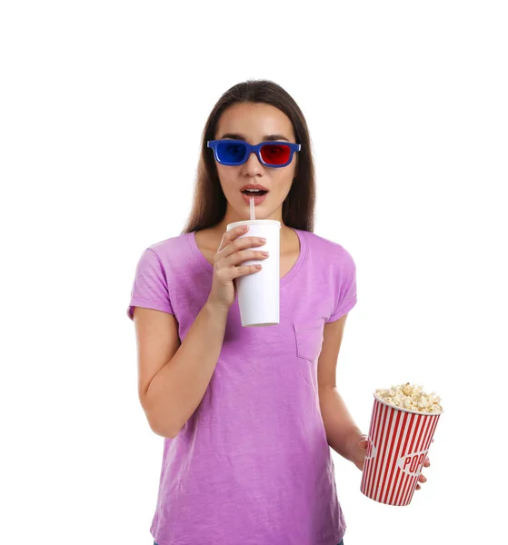 Kvinna Med Popcorn Film Visar Färgbakgrund — Stockfoto