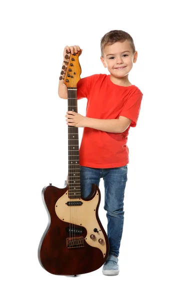 Menino Com Guitarra Elétrica Fundo Branco — Fotografia de Stock