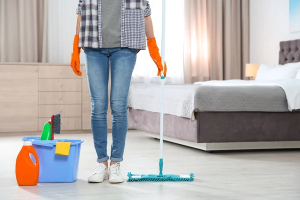 Young Woman Mop Detergents Bedroom Closeup Cleaning Service — Stock Photo, Image