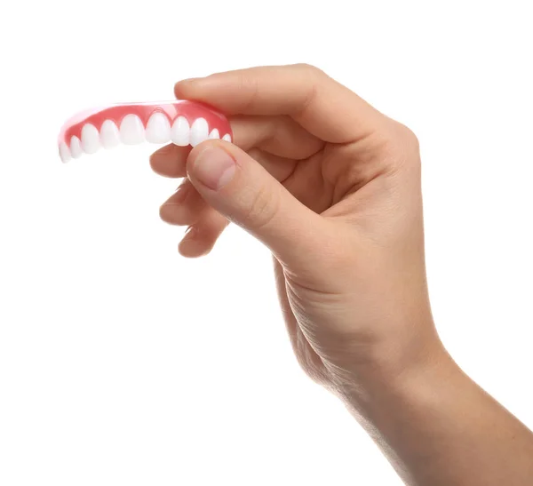 Kobieta Trzyma Pokrywa Zęby Białym Tle — Zdjęcie stockowe