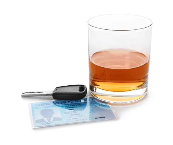 Glass Alcohol Car Key Driver License White Background Responsible Driving — Stock Photo, Image