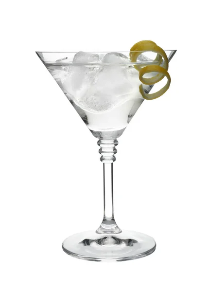 Glas Van Klassieke Martini Cocktail Met Ijsblokjes Citroenschil Witte Achtergrond — Stockfoto