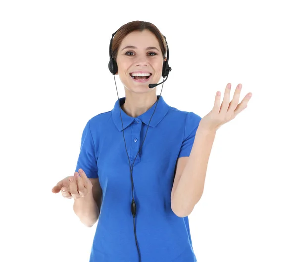 Opérateur Support Technique Féminin Avec Casque Isolé Sur Blanc — Photo