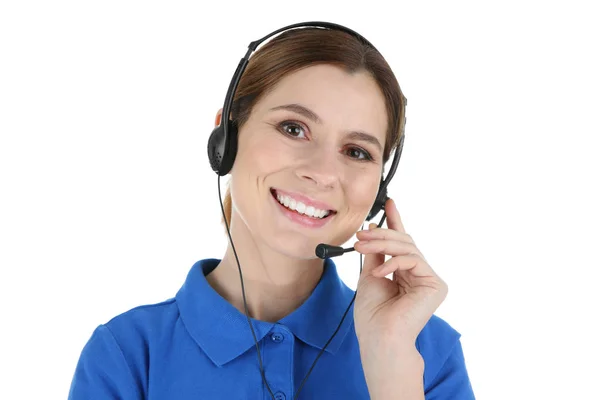 Operadora Soporte Técnico Femenino Con Auriculares Aislados Blanco — Foto de Stock