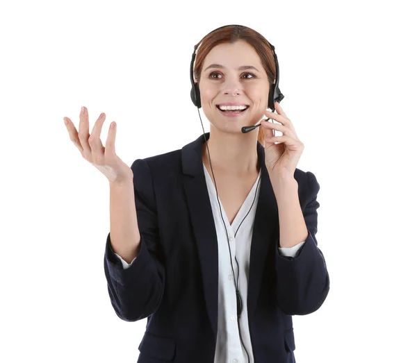 Operadora Suporte Técnico Feminino Com Fone Ouvido Isolado Branco — Fotografia de Stock