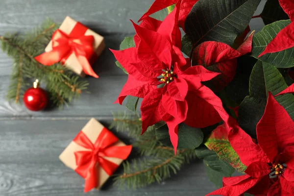 Poinsettia Fiore Tradizionale Natale Con Scatole Regalo Tavolo Legno Vista — Foto Stock
