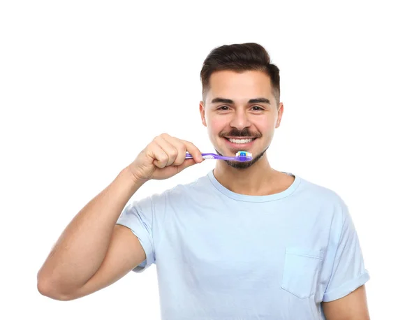 Jovem Com Escova Dentes Sobre Fundo Cor Espaço Para Texto — Fotografia de Stock