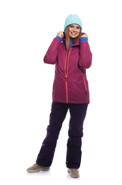 Молода Жінка Носить Теплий Одяг Цегляній Стіні Готовий Зимових Канікул — стокове фото