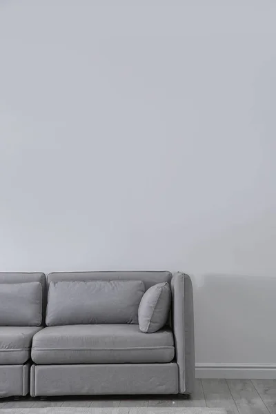 Simple living room interior with comfortable sofa near light wall. Space for text