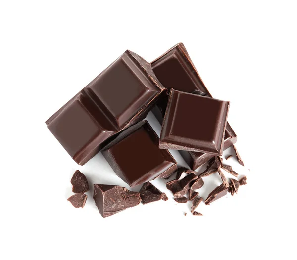 Кусочки Вкусного Черного Шоколада Белом Фоне Вид Сверху — стоковое фото