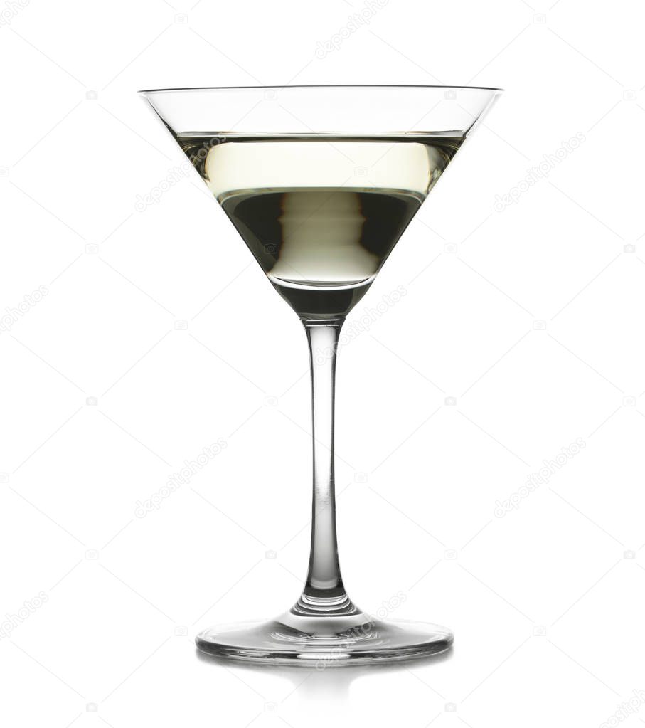 Glass of tasty martini on white background