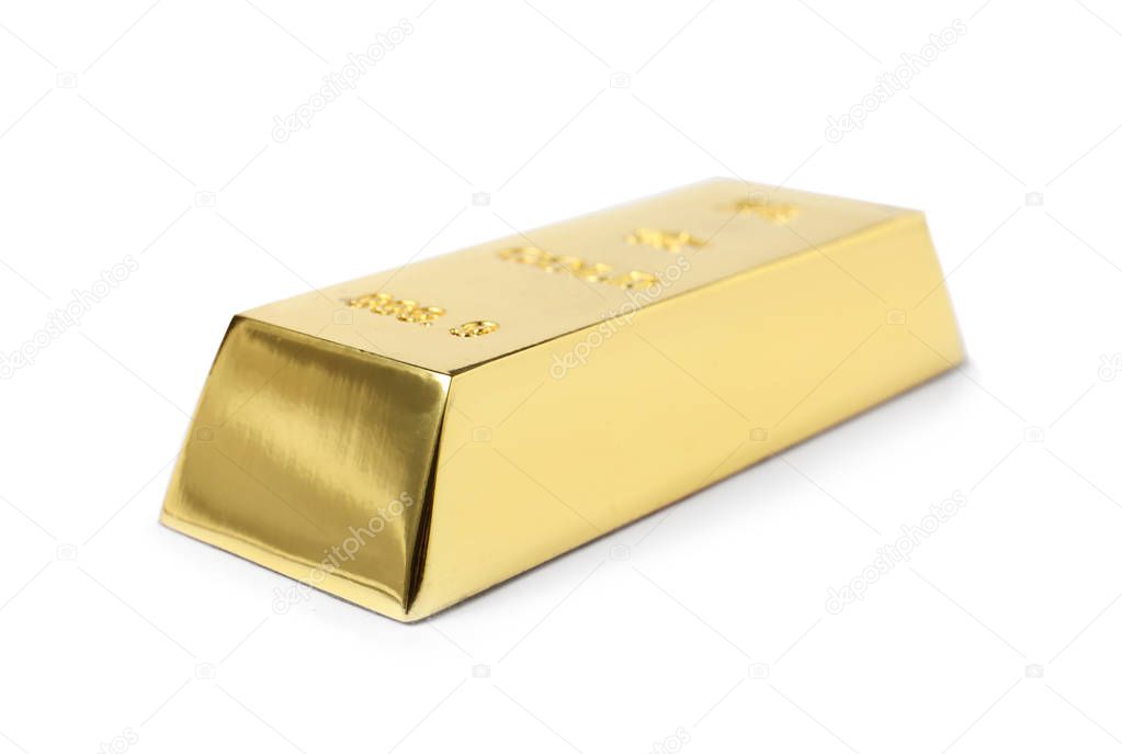 One shining gold bar isolated on white