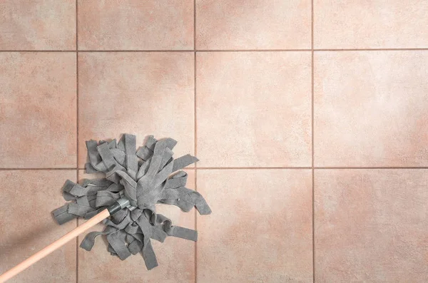 Cleaning Tile Floor Mop Top View Space Text — Stock Photo, Image