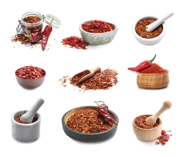 Set with chili pepper flakes on white background