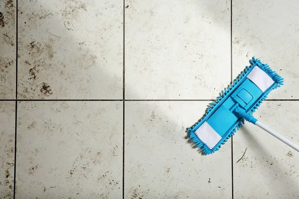 Cleaning Tile Floor Mop Top View Space Text — Stock Photo, Image