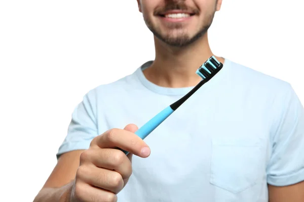 Young Man Toothbrush White Background Closeup — Stock Photo, Image