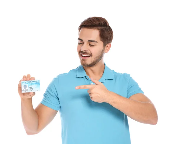 Happy Young Man Driving License White Background — Stock Photo, Image