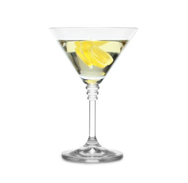 Bardak martini kokteyl beyaz zemin üzerine limon kabuğu ile