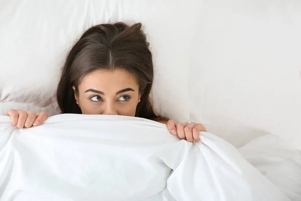 Young Woman Lying Blanket Top View Bedtime — Stock Photo, Image