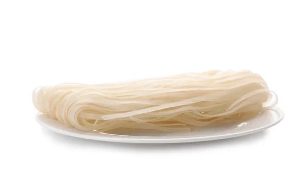 Deska Raw Rýžové Nudle Bílém Pozadí Lahodné Těstoviny — Stock fotografie