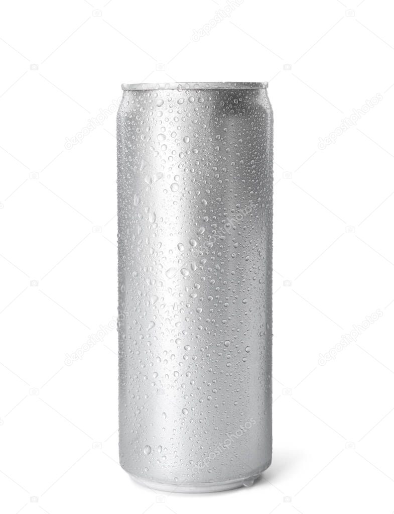Empty aluminum can with beverage on white background. Mockup for design